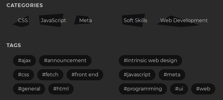 Ang tags at categories section sa home page ng Antares Blog